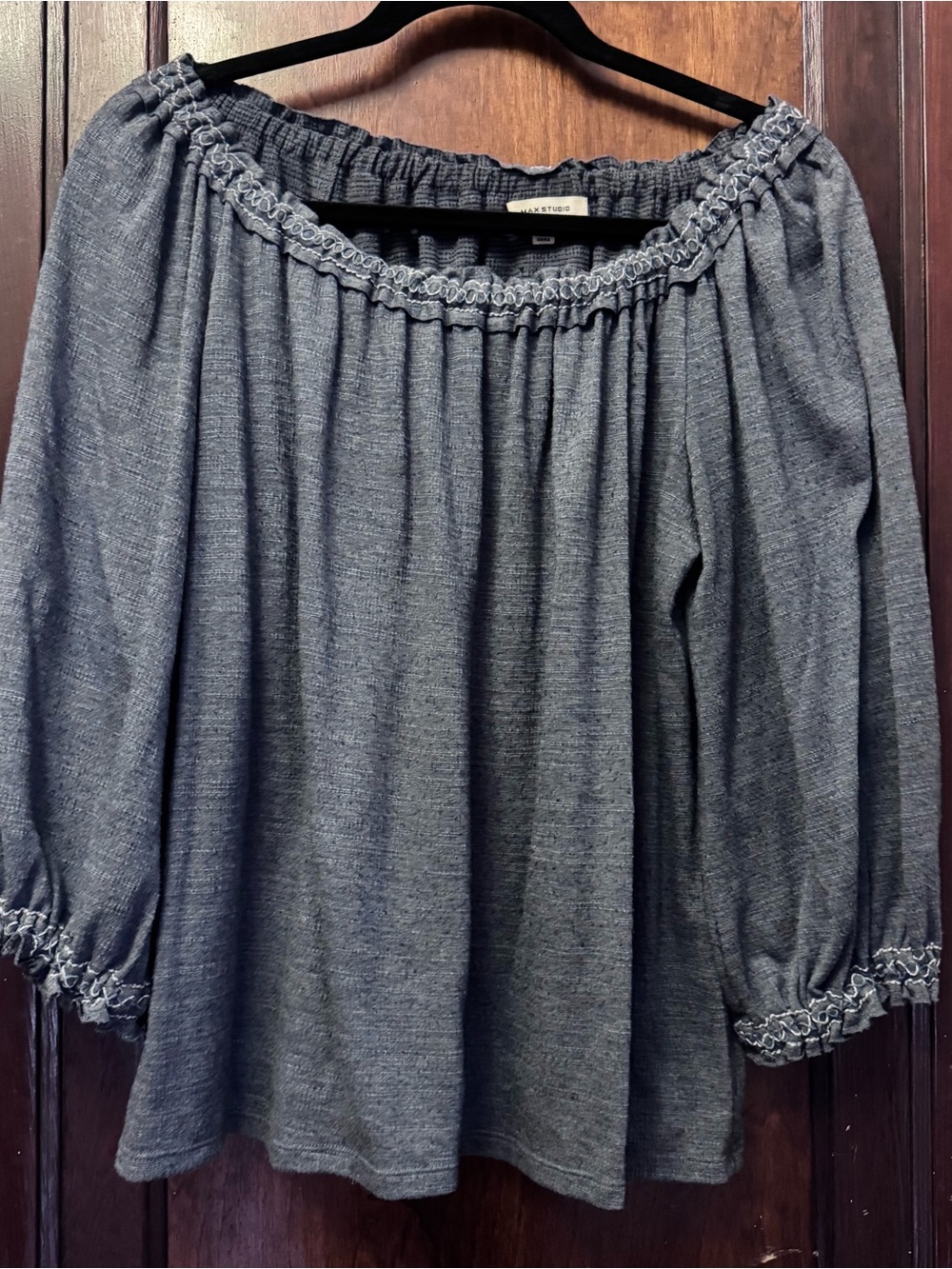 Max Studio Smocked Off-Shoulder Peasant Top Gray L